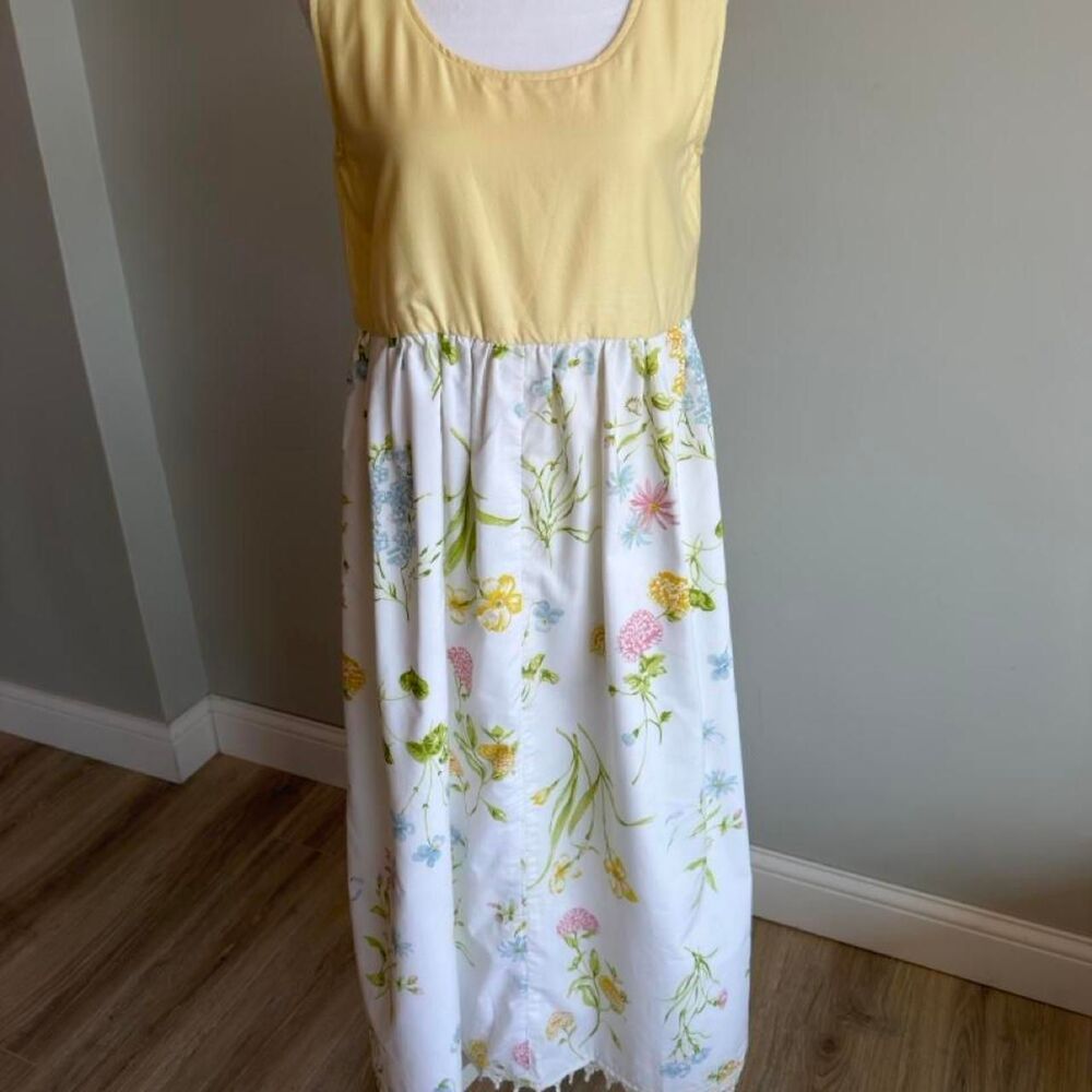 Handmade Butter Yellow & White Floral Maxi Dress Lace Trim Women's Large Cottage